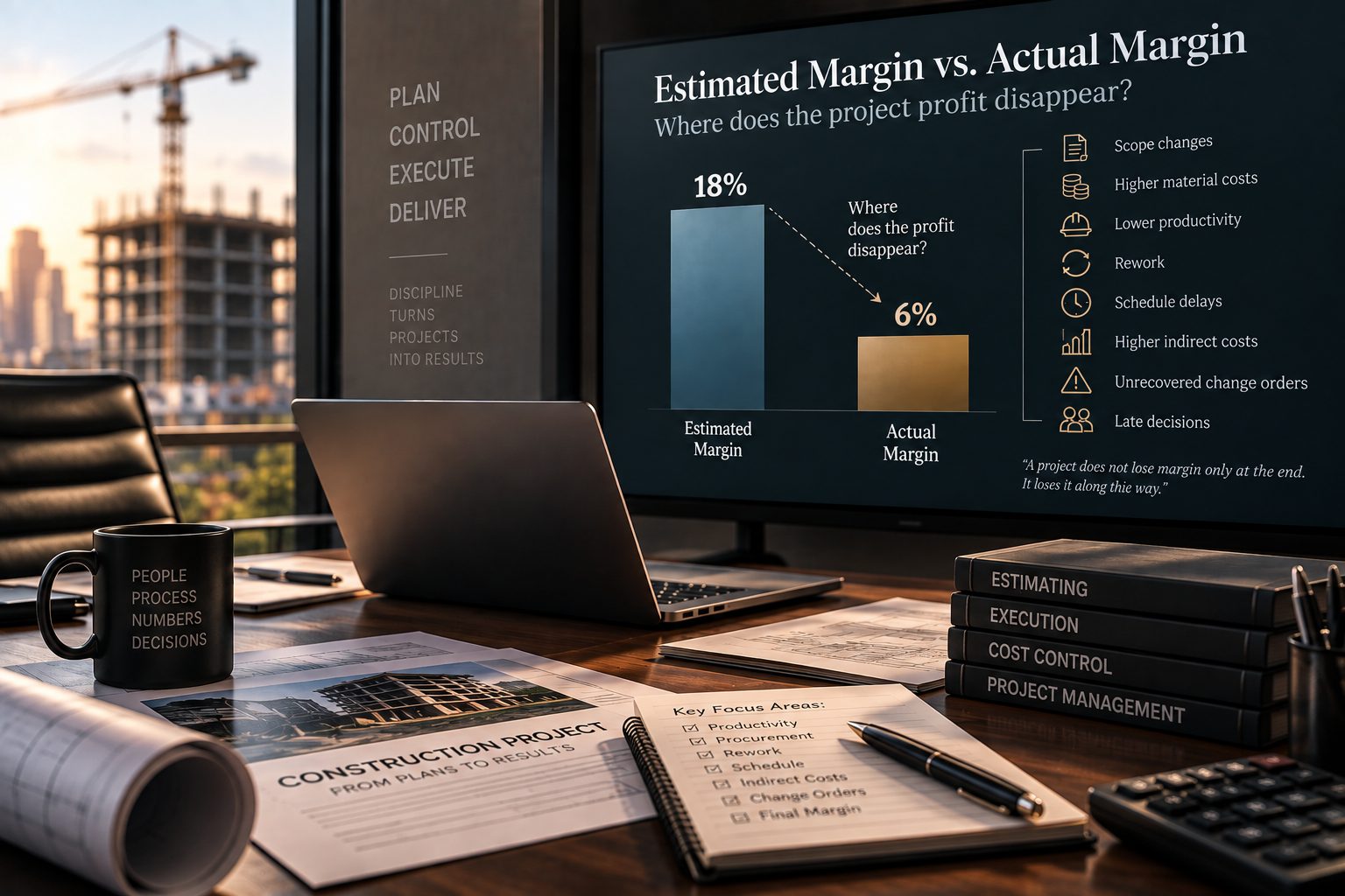 A construction company control room with a laptop, rolled drawings and project documents on a wooden desk; a large dashboard compares an 18% estimated margin with a 6% actual margin and lists the causes of erosion, with a tower crane and a building under construction visible through the window.