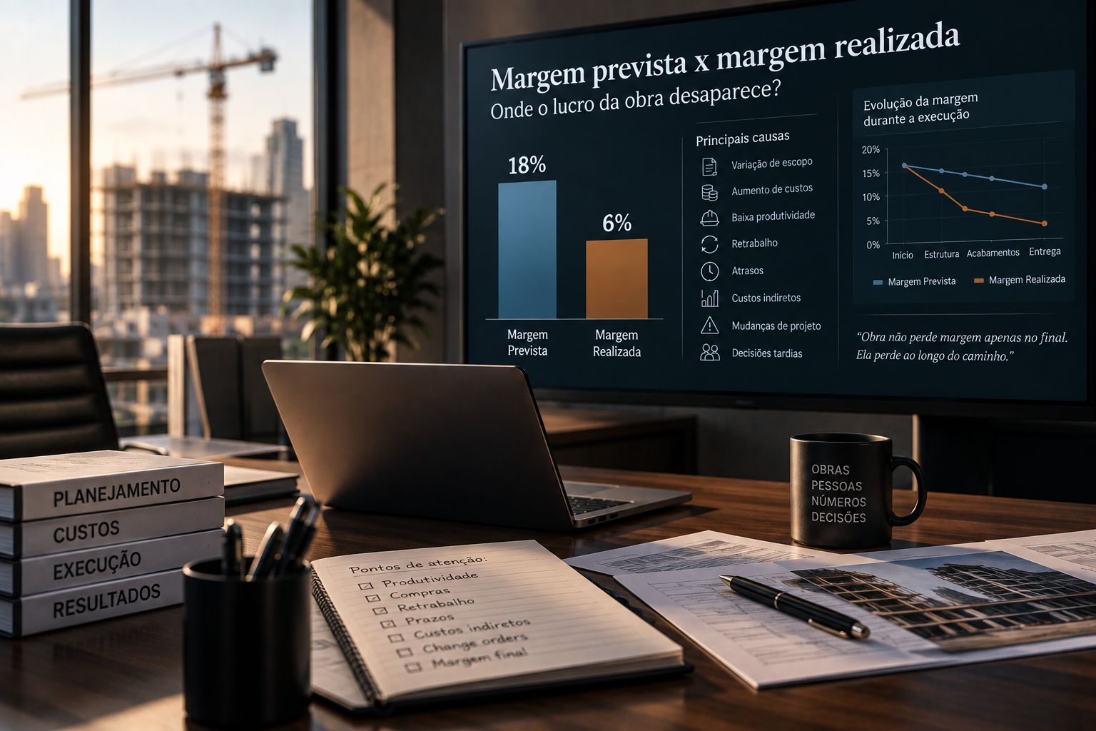Sala de controle de uma construtora com laptop, plantas e documentos sobre a mesa; um grande painel compara margem prevista de 18% com margem realizada de 6%, mostra a evolução da margem e as causas da erosão, com uma obra desfocada ao fundo.