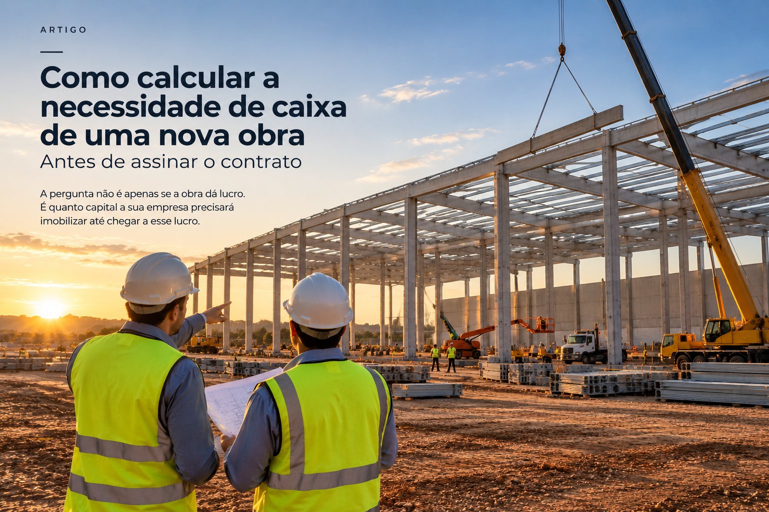 Galpão industrial de estrutura pré-moldada em construção ao pôr do sol, com guindaste içando uma viga e dois profissionais de colete e capacete, vistos de costas, analisando o projeto no canteiro.
