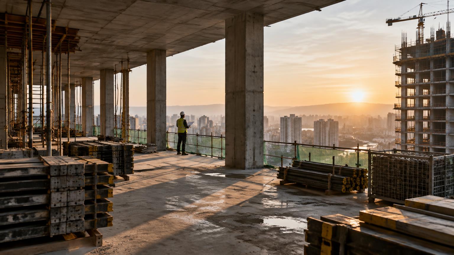 Canteiro de obras vertical em expansão ao amanhecer, com estrutura de concreto, materiais organizados e um engenheiro acompanhando a execução.