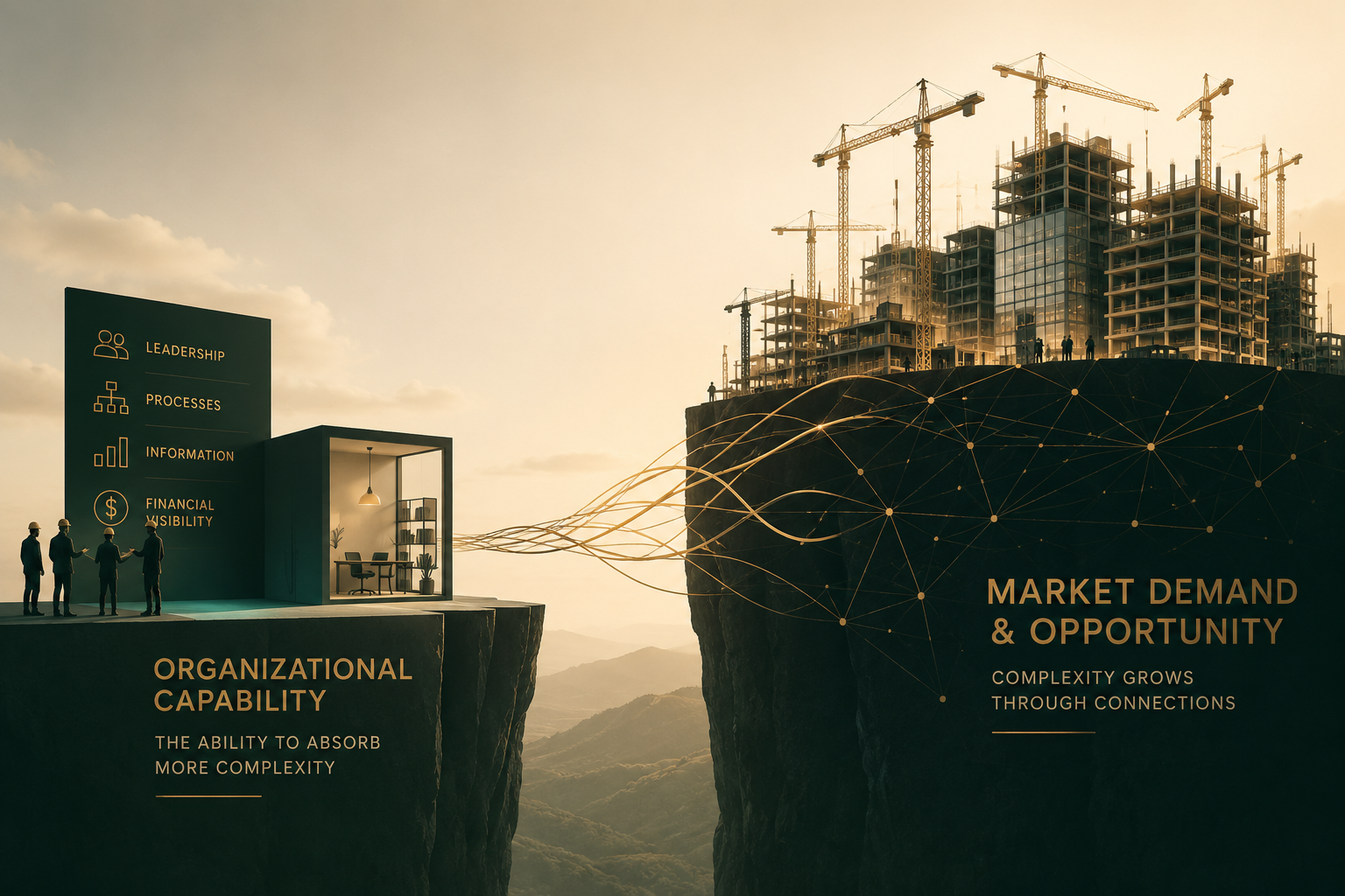 Capacidade organizacional e complexidade se distanciando à medida que uma construtora cresce.