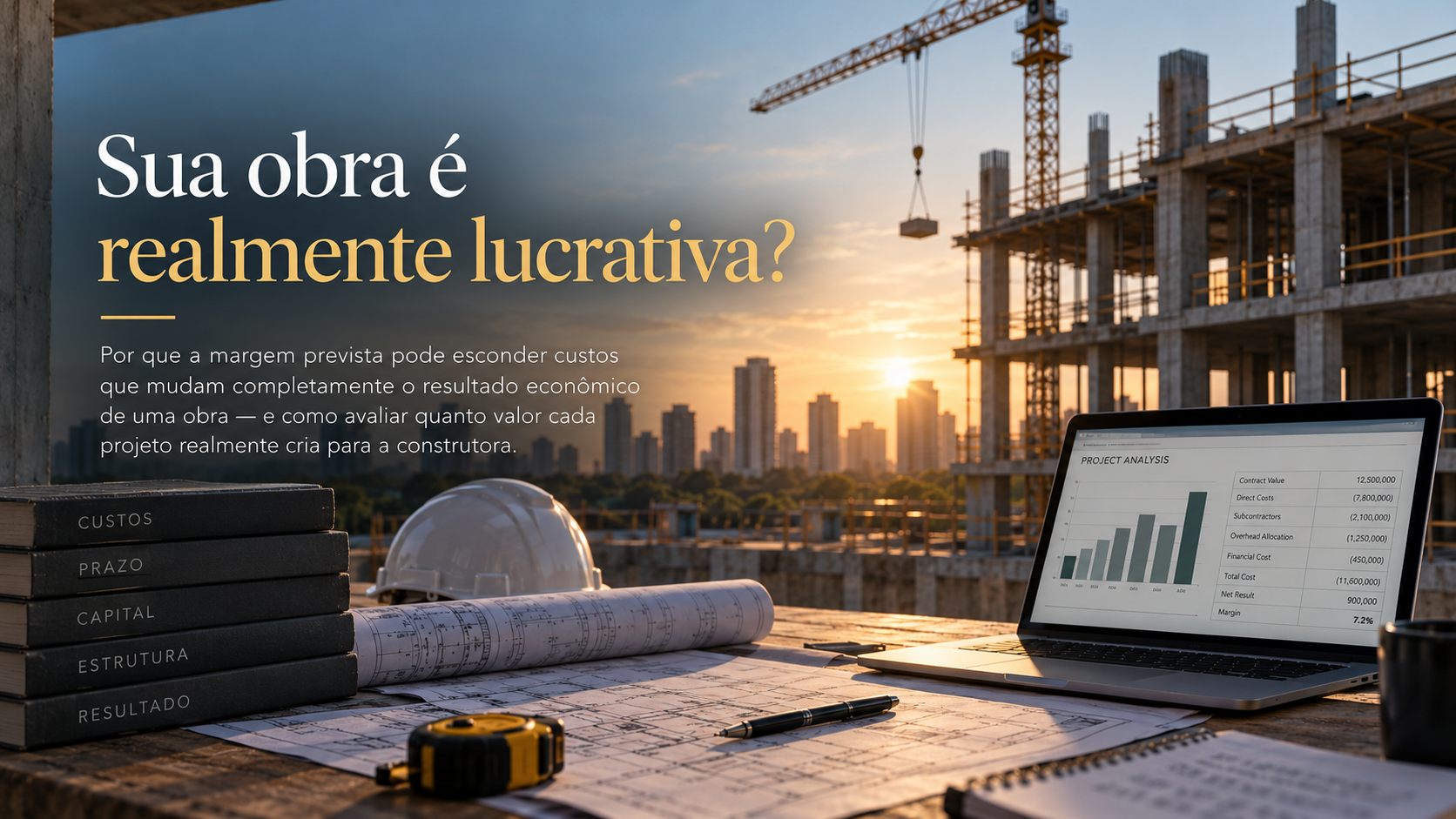 Construction project profitability analysis showing project costs, capital requirements, overhead and financial performance.